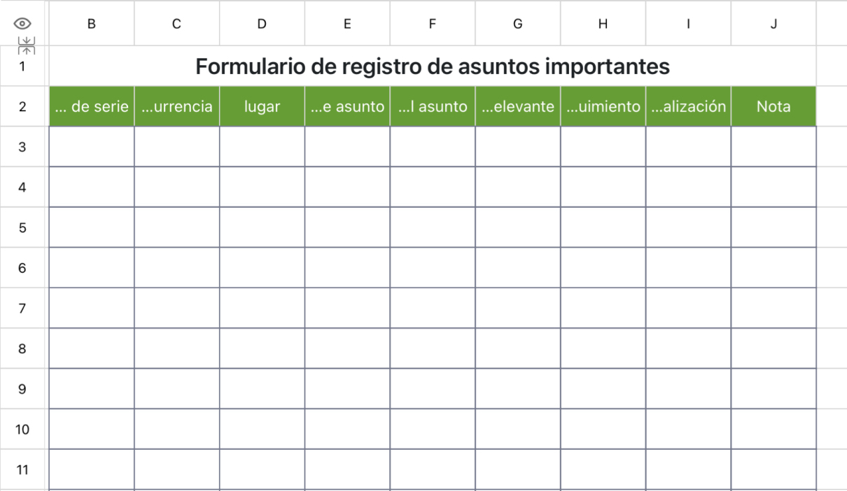 Formulario de registro de asuntos importantes